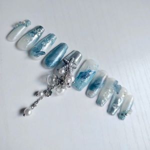 Reusable blue butterfly with pearl glitter nail handmade press on nail